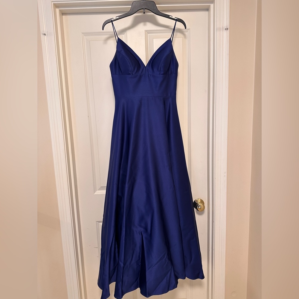 Betsy & Adam Blue Asymmetrical Prom Dress